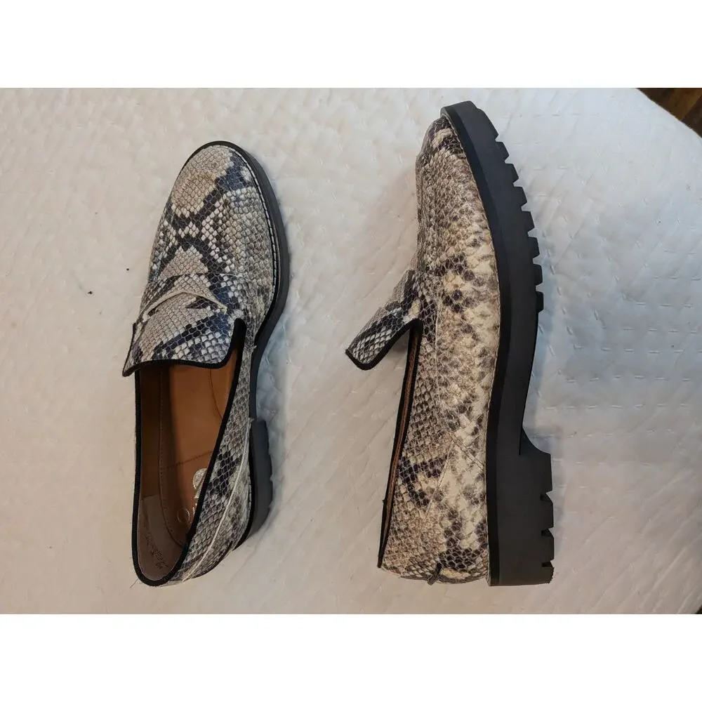 Franco Sarto Snakeskin Leather Loafers Size 8 Chunky Lug Sole Slip On Flats